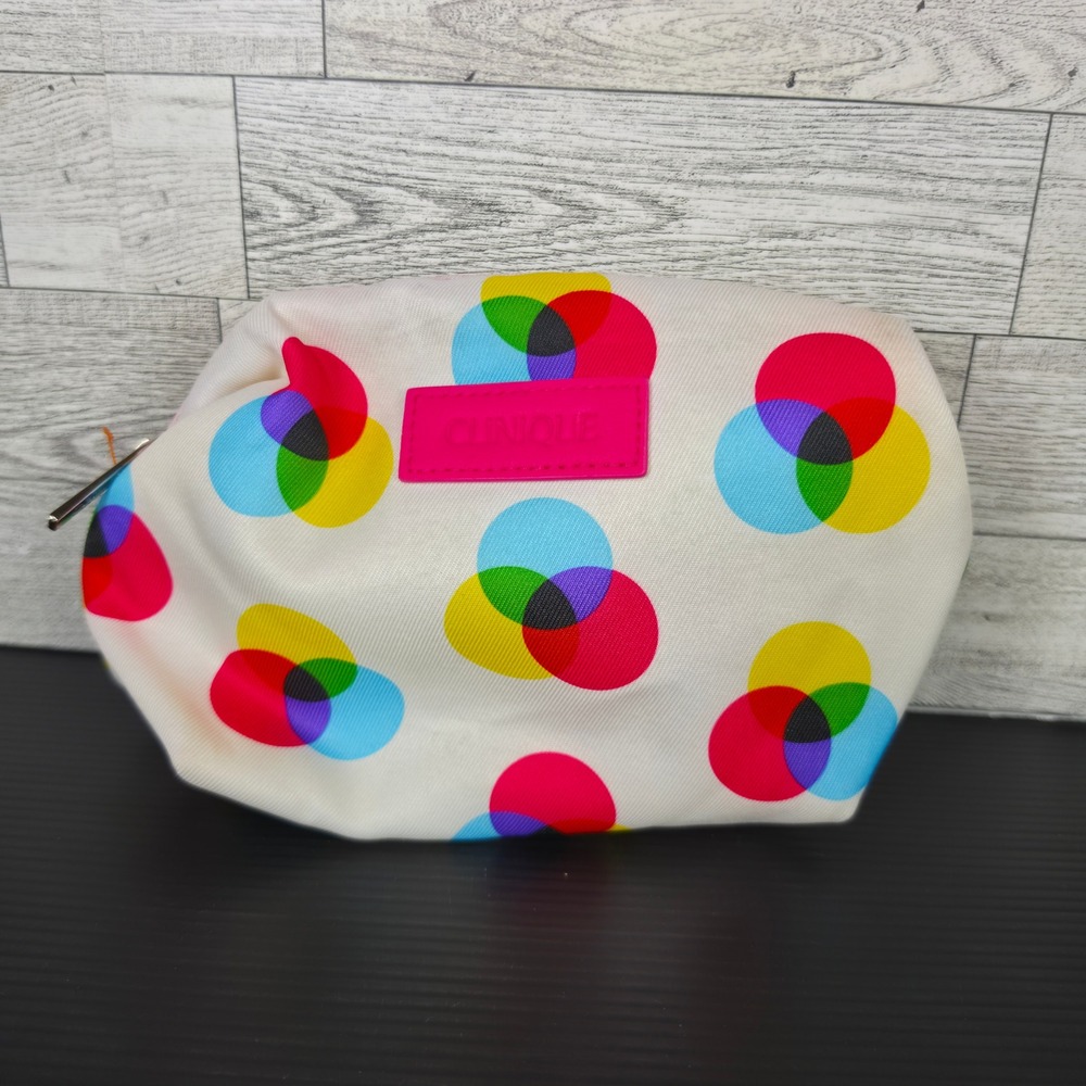 Clinique Makeup Bag Multi Color Circle Print Yellow Lining Travel Cosmetic Pouch